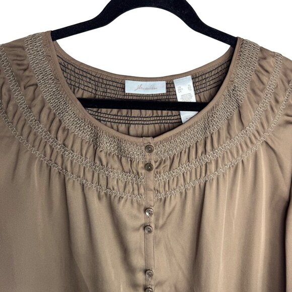 JH Collectibles Womens XL Smocked Neck Button-Front Blouse In Olive Green - Picture 2 of 9